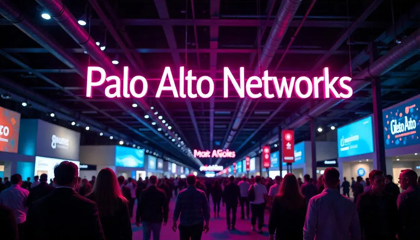 A crowd walks under a glowing 'Palo Alto Networks' sign at a technology event.