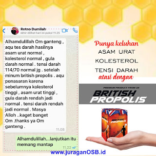 testimoni British Propolis mengobati Asam Urat, Kolsterol, tensi darah tinggi