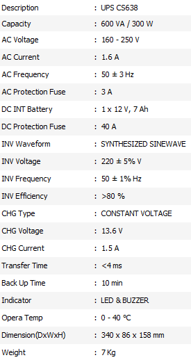 Spesifikasi UPS ICA CS 638