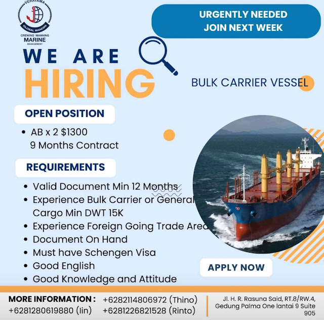Hiring for AB, Oiler Kapal Bulk Carrier & General Cargo 2024