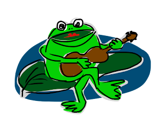 Green frog on lily pad singing and playing guitar