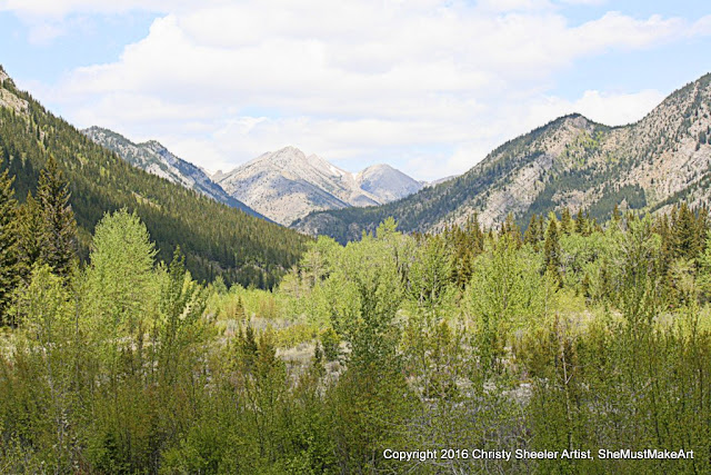 A wider view of the mountains, the large slopes and peaks are more bare, fewer trees at the higher places.