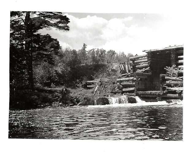 Poland Pond Dam Falls of Stream Which enters Round Pond. We caught a lot of good Squaretail here. I've got one now,  June 21, 1946