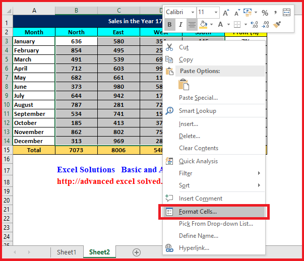 Format Cell Option by right Click in Microsoft Excel