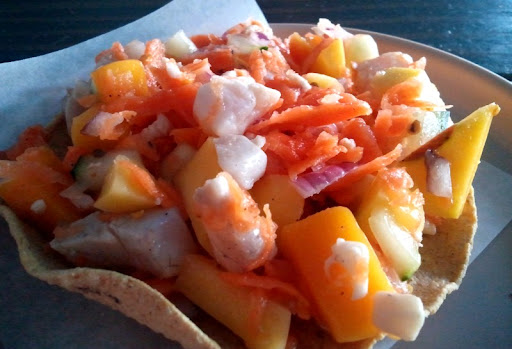 Fish and mango tostada at Erizo Baja Fish House and Market in Tijuana