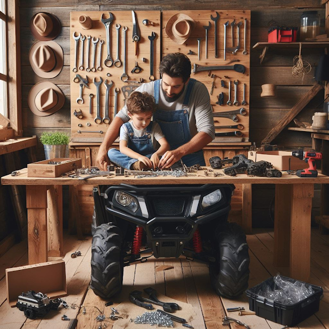 Father and child working together on a UTV in a workshop
