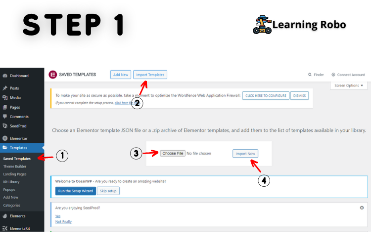 Import Elementor Footer Json File step 1