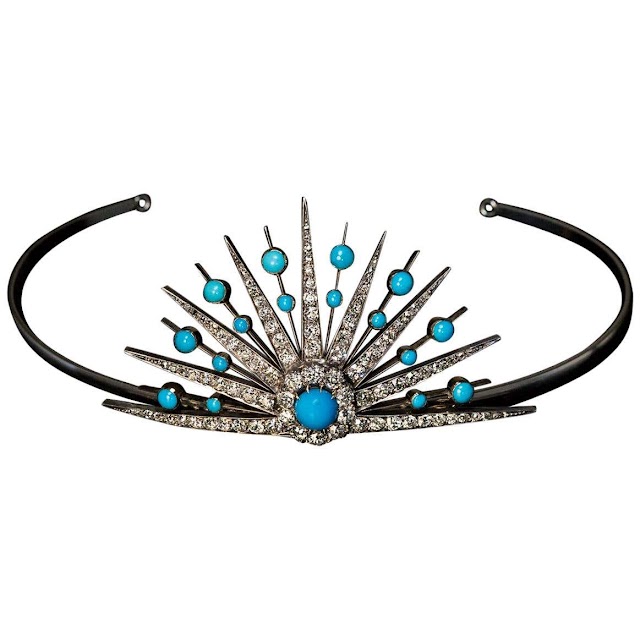 Antique 19th Century Turquoise Diamond Sunburst Tiara