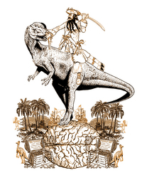 Illustration by Jacey accompanying the online publication of the short story Temporal ventures robbed me by Scott C Mikula by Nature magazine at its website. Image shows a time traveler riding a dinosaur, and illustrates a wish of the protagonist of the story.