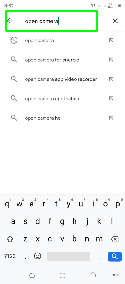 search for open camera app