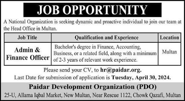 Paidar Development Organization Multan Job 2024
