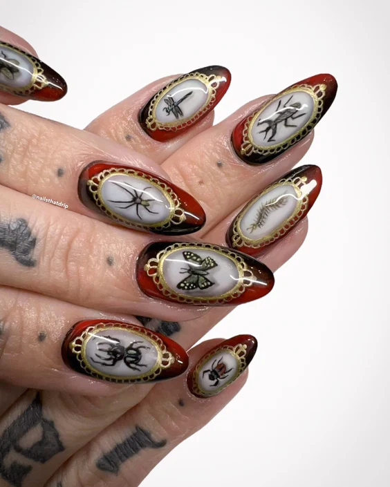 close up of two womans hands with Insectarium Exhibition Nail Design for goths