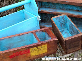 turquoise, tool boxes, crates, distressed painting, tung oil