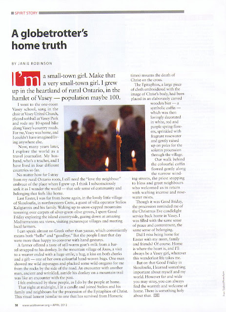 Spirit Story April 2012 United Church Observer. Story by Janie Robinson, Travel Writer