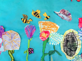 pollination art project, cut paper garden mural, spring science art project