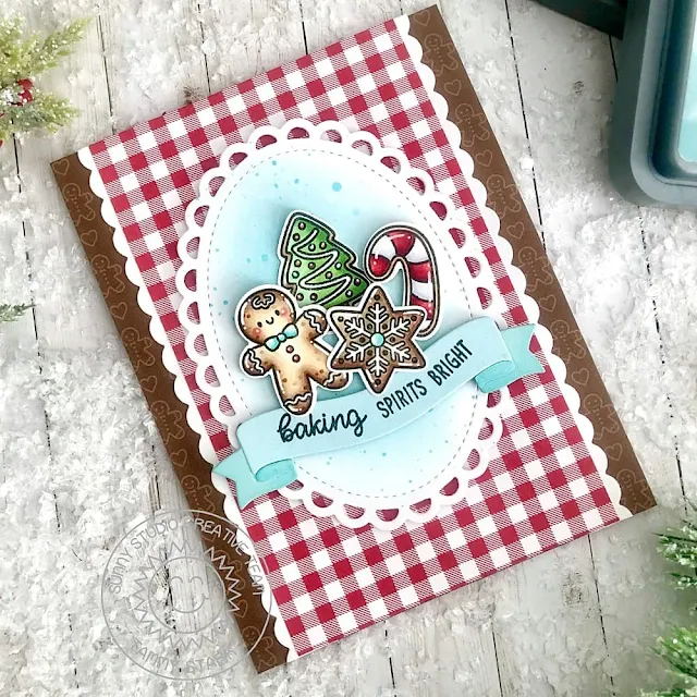 Sunny Studio Stamps: Baking Spirits Bright Christmas Card by Tammy Stark (featuring Scalloped Oval Mat Dies, Brilliant Banner Dies)