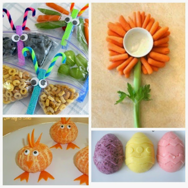 Healthy kids snacks for spring or Easter.  Lots of fun food ideas including flowers, butterflies, bunnies, bees and more!