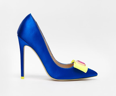 Asos blue satin pointy closed pumps with yellow bow and pink embellishment