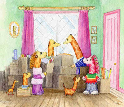 The Neckmann family of giraffes moving to Necky Knoll House by Ingrid Sylvestre North East artist author and entertainer Durham UK