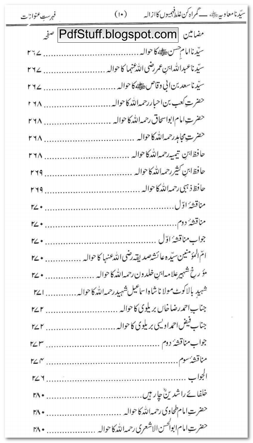 Contents of Urdu book Sayyidina Muawiah R.A by Zafar Iqbal