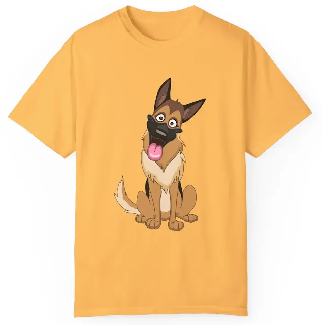 Garment Dyed T-Shirt for Men and Women with Funny Cartoon of Tan Color German Shepherd