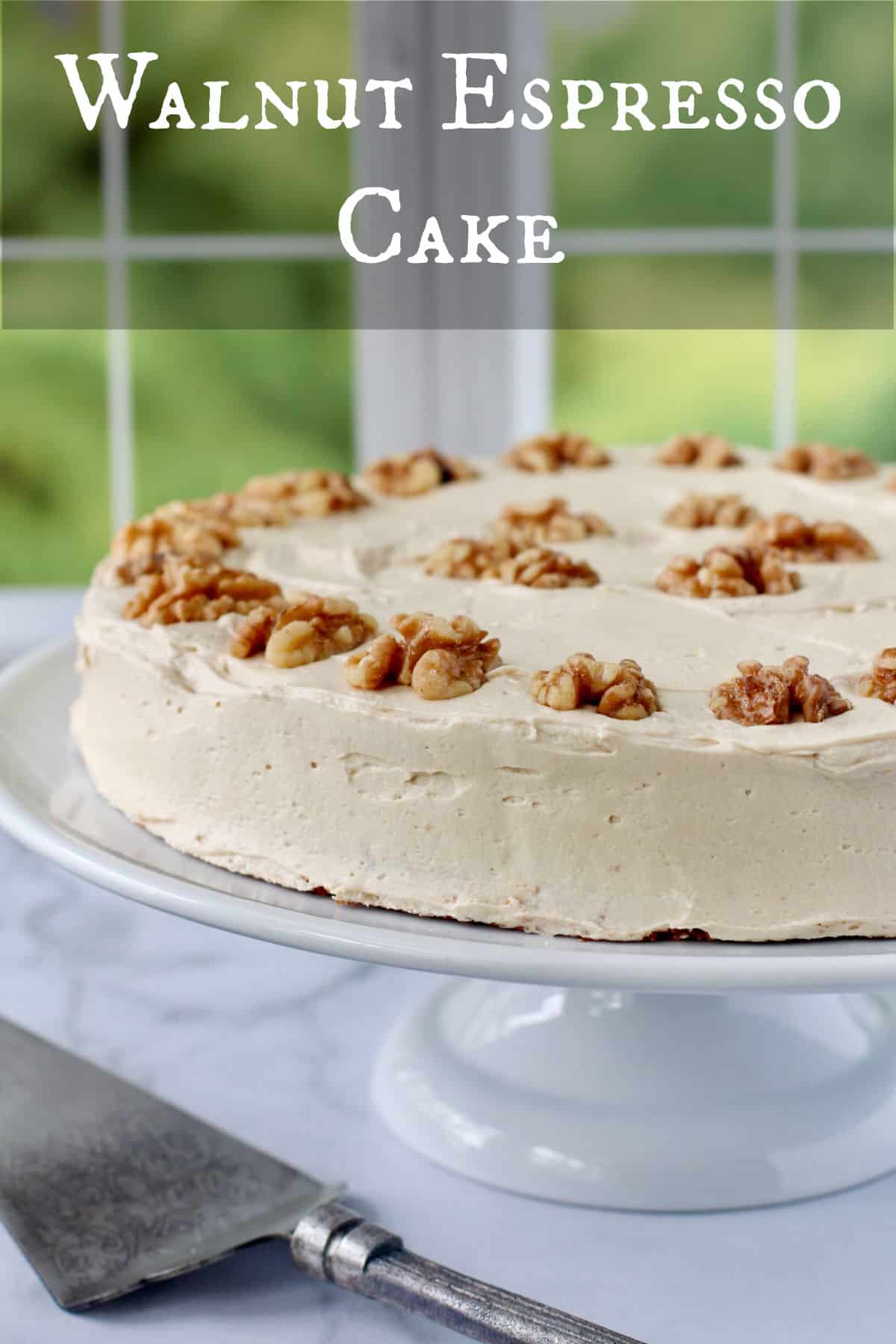 Walnut Espresso Cake on a cake stand.