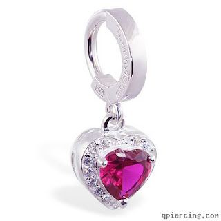 Silver Tummytoys sleeper belly ring with dangling red CZ heart, 14 ga