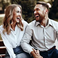 A couple laughing heartily while sitting together on a park bench.