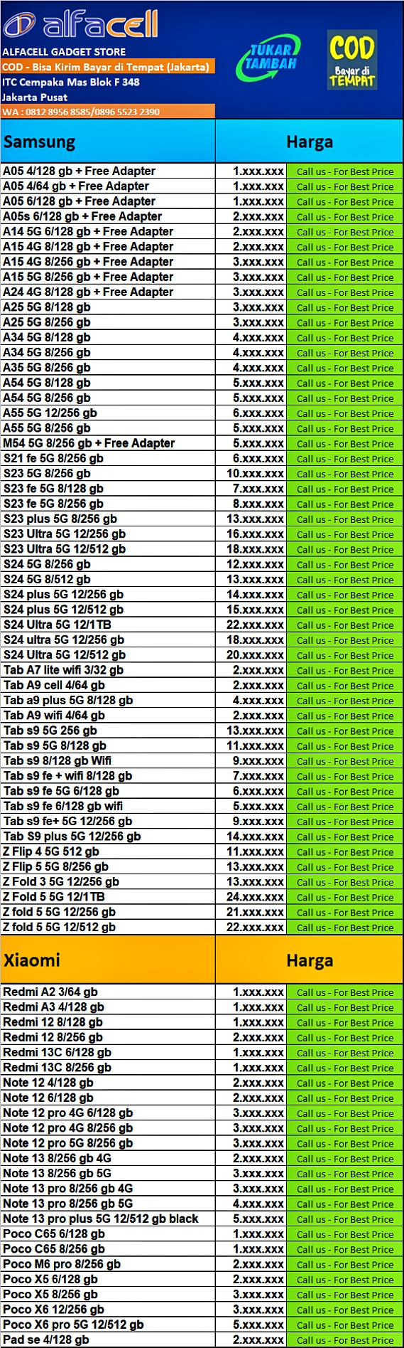 Harga Samsung Xiaomi Redmi murah ITC Cempaka Mas Jakarta Pusat. Bisa COD kirim dan bayar ditempat.