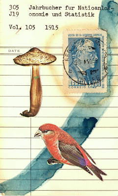 library due date card postage stamp collage art with mushroom and bird identification guide illustrations by Justin Marquis