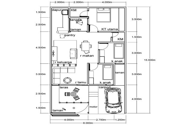  Denah  Rumah  Satu Lantai  Ukuran  8x15 M