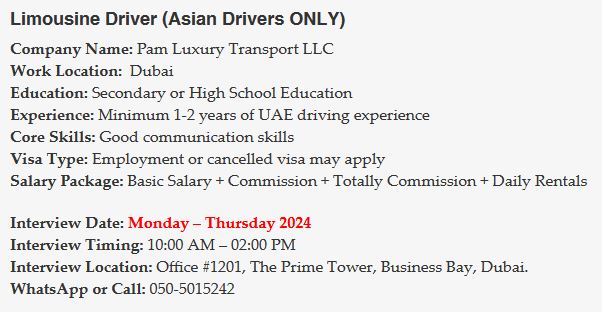 Asian Driver Required In Dubai