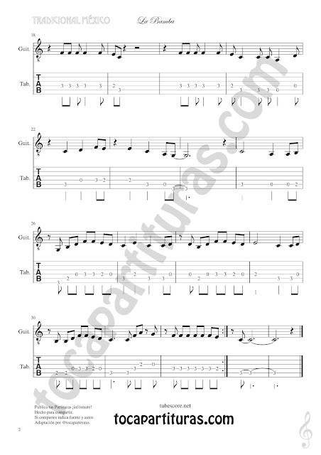 Partitura 2 Guitarra Tablatura y Partitura de La Bamba Punteo Tablature Sheet Music for Violin Tabs Music Scores