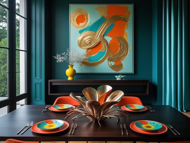 Dining room with bold teal walls and colorful decor accents