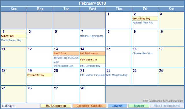 February 2018 Calendar, February 2018 Printable Calendar, February 2018 Calendar Printable, February 2018 Calendar Template, Free February Calendar 2018