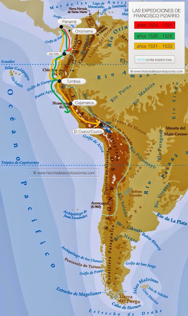 Expediciones de Francisco Pizarro. Mapa: elaboración propia. ©www.historiadelascivilizaciones.com