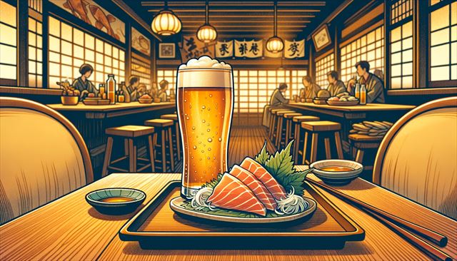 A horizontal illustration of a cozy izakaya (Japanese pub) setting. The focus is on a wooden table adorned with a frothy glass of draft beer (nama-chu) and a plate of freshly sliced katsuo (bonito) sashimi, arranged elegantly. The background should depict the warm, inviting ambiance of the izakaya with soft lighting, wooden interior, and perhaps distant figures of other patrons enjoying their meals.