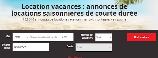 Les critères de recherche dans la rubrique Vacances de Paruvendu