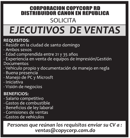 #Vacante CopyCorp RD solicita Ejecutivos de Ventas Envia tu CV