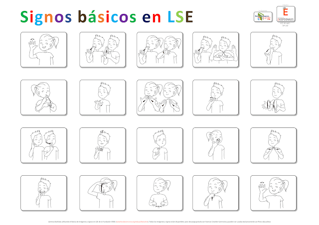 Lámina muda de signos básicos en LSE: hola, buenos días, buenas tardes, buenas noches, qué tal, nombre, por favor, gracias, de nada, lengua de signos, sordo/a, sí, no, colegio, casa, mamá, papá, hermano/a, abuelo/a, adiós