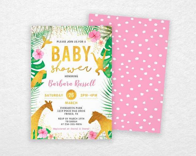  Pink Floral Jungle Animals Safari Girl Baby Shower Invitation