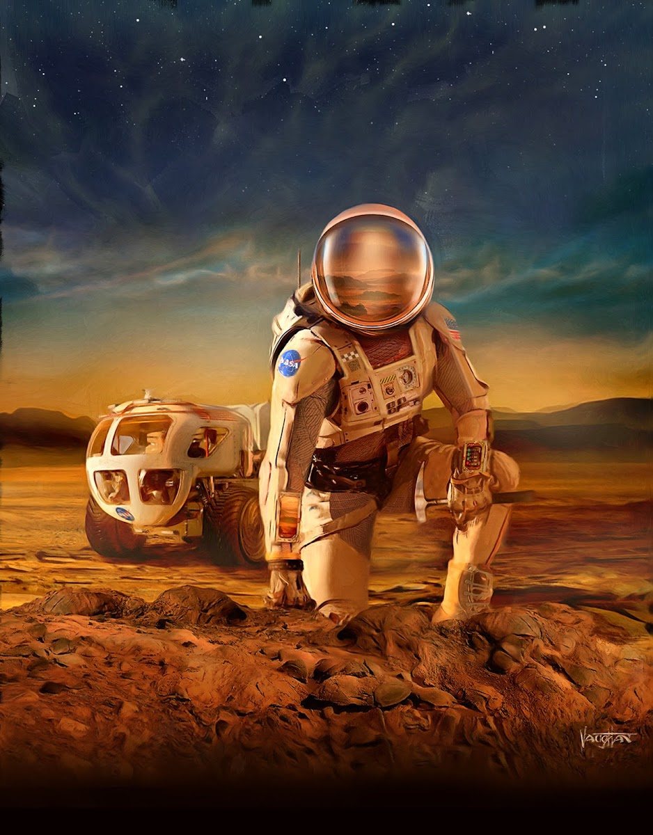 NASA astronaut in front of rover on Mars by James Vaughan