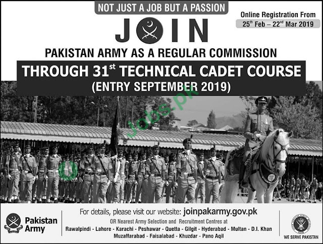 Join Pak Army 2019 as Regular Commission Through 31st Technical Cadet Course 