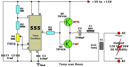 12VDC to 220VAC Inverter with 555 Timer.