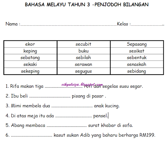 Latihan Penjodoh Bilangan Tahun 3 Versi Lembaran Kerja