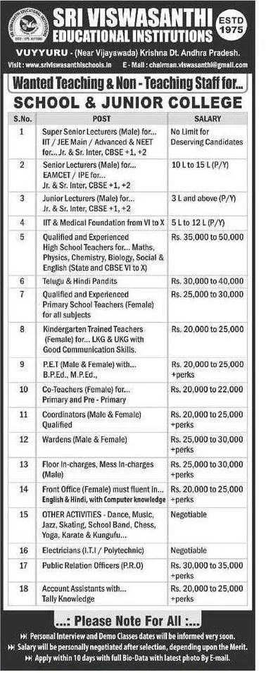 Vuyyuru Sri Viswasanthi Educational Institutions Teacher, PET, Lecturer, Co Teachers IIT-JEE NEET Faculty Recruitment 2024