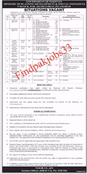 Ministry of Planning and Development Islamabad jobs 2022.Apply Online
