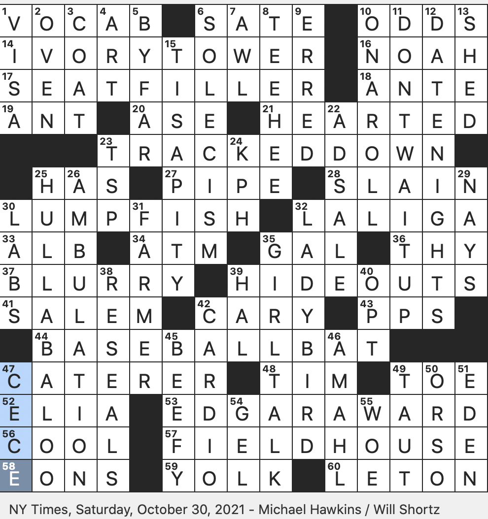 Rex Parker Does The Nyt Crossword Puzzle Titular Menotti Opera Character Sat 10 30 21 Princess Martell On Game Of Thrones Suffix With Carboxyl Together Punny Name For Hardware Store