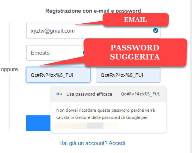 suggerire password con chrome