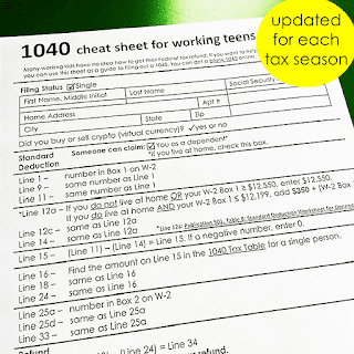 This 1-page 1040 cheat sheet walks teens through completing a U.S. Form 1040 to file their tax return. Even teens listed as dependents on their parents' tax returns can receive a tax refund if they have worked and paid taxes. This sheet simplifies the process, focusing only on the lines that need to be filled out on the 1040.